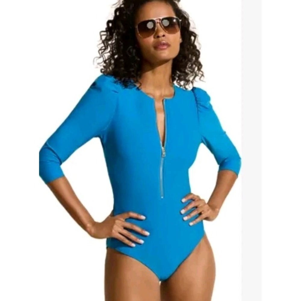 Zip-Front Long Sleeve One-Piece Swimsuit in Bright Blue